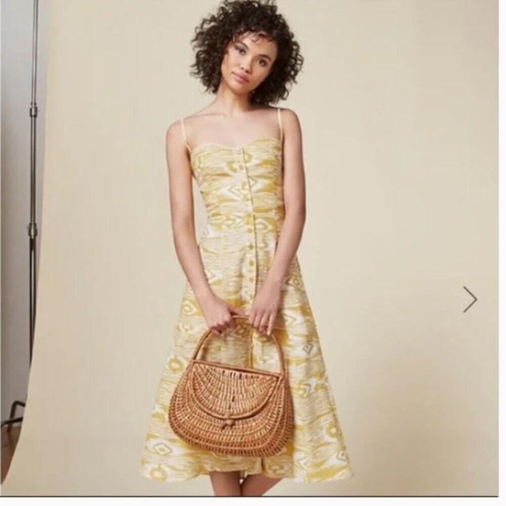 Reformation Canon Linen Midi Dress Button Front in Yellow Grain Sz 6 - Picture 2 of 7